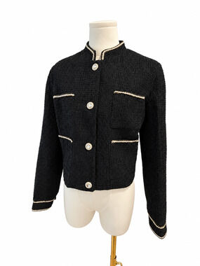 Avec Les Filles Black Tweed Lady Jacket M Pearl Button Cropped Blazer Cardigan
